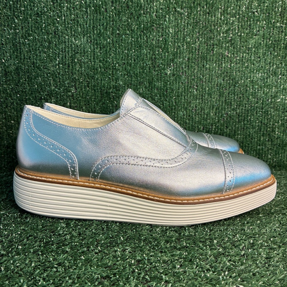 NEW Cole Haan ØriginalGrand Metallic Laceless Oxford Platform Silver Womens 10B